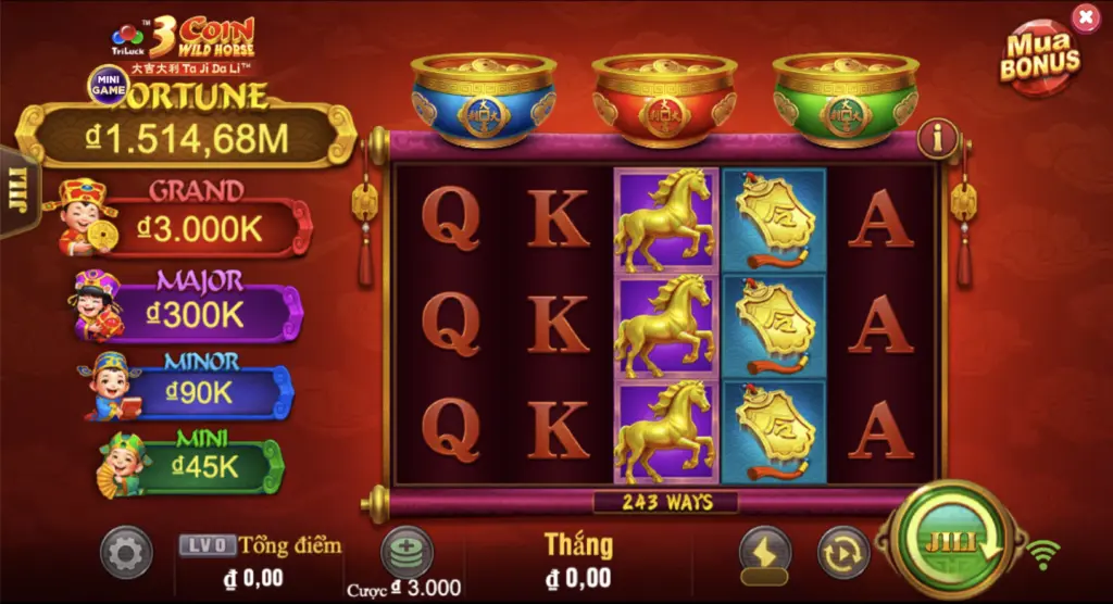 Giao diện game slot 3 Coin Wild Horse JILI tại LC79 với biểu tượng đồng xu và phong cách hoang dã nổi bật
